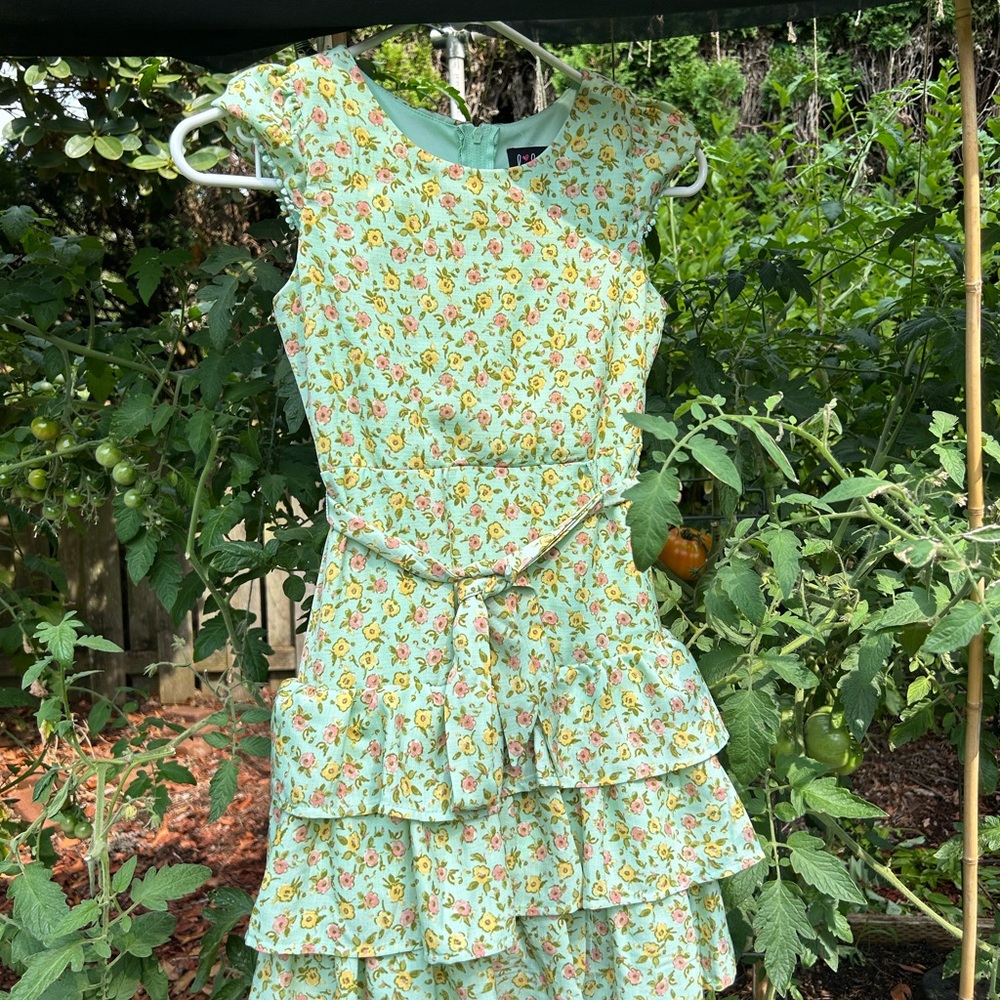 Lilt Floral Girls Dress - Mint Green and Yellow Ruffle hem cap sleeves. Sz7-8